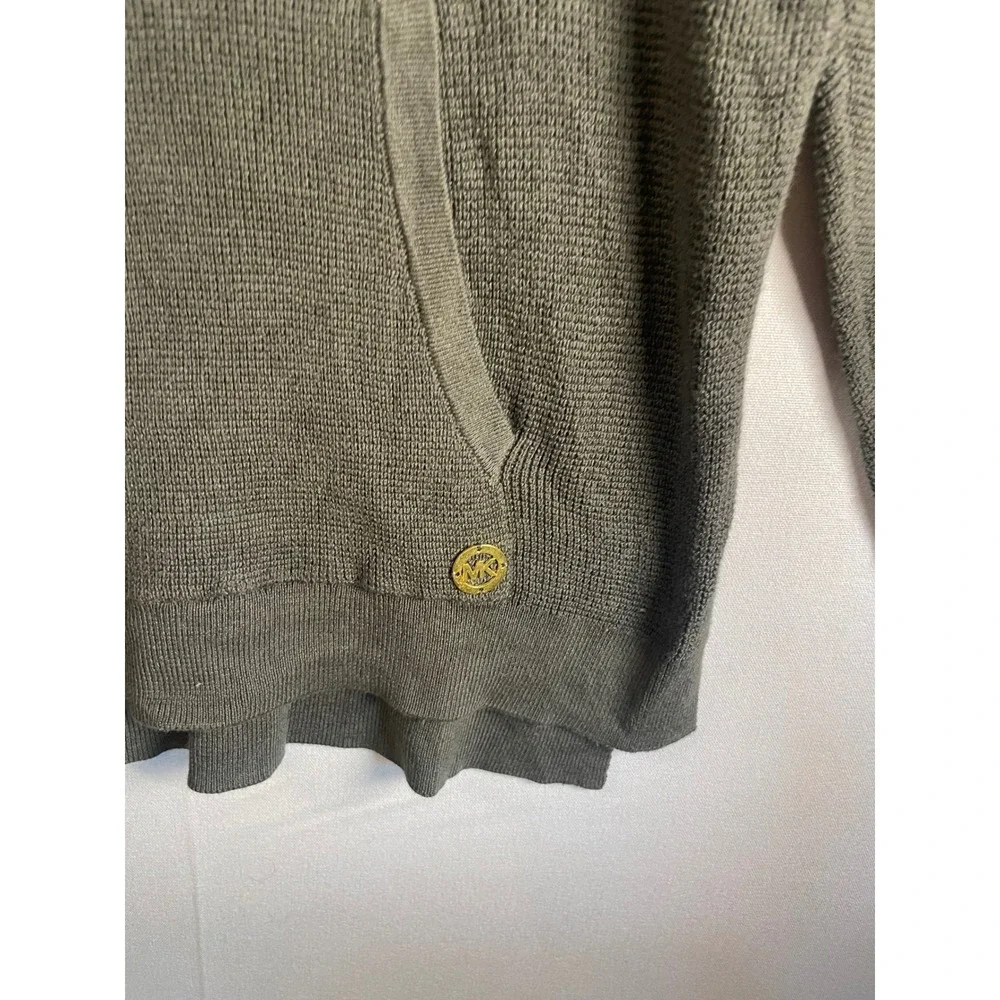 Michael Kors Womens Olive Green Waffle Knit Hoodie‎ Sweater Gold Logo Size L